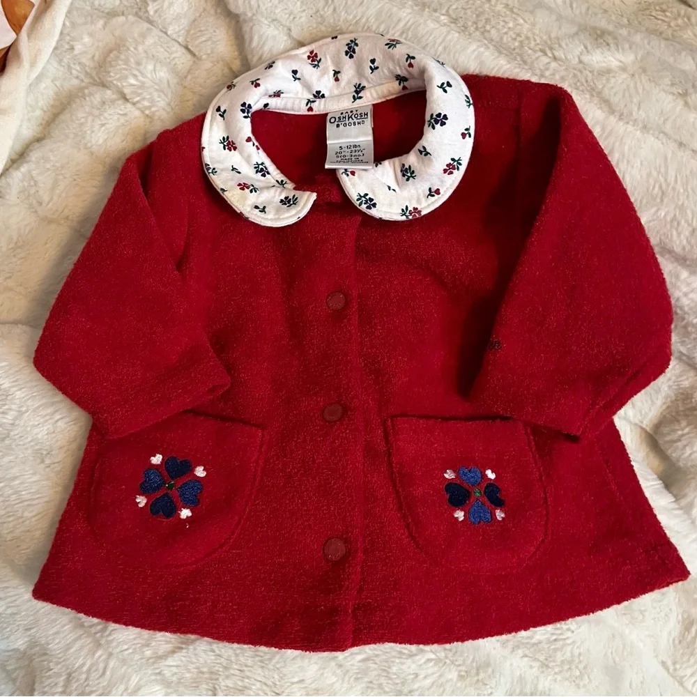 VTG 80s 90s Oshkosh Baby Infant Girls 0/3M Red Terry Cloth Snap Front Winter Top